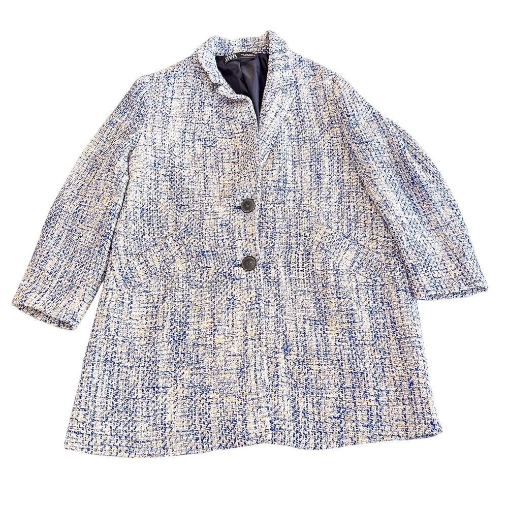 Zara Tweed Blue Cream Long Sleeve Woven Jacket Size XL